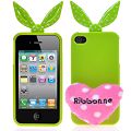 Coque iPhone 4/S Lapin Vert + Ponpon semi-rigide