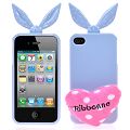 Coque iPhone 4/S Lapin Bleu + Ponpon semi-rigide